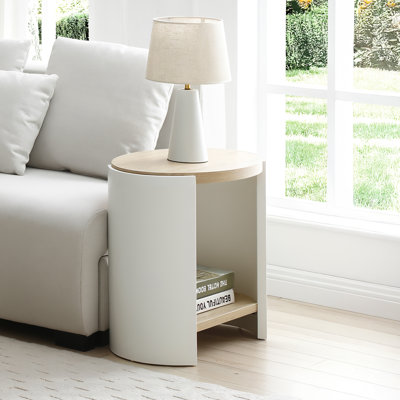 Oval End Table Oak and White High Gloss Finish