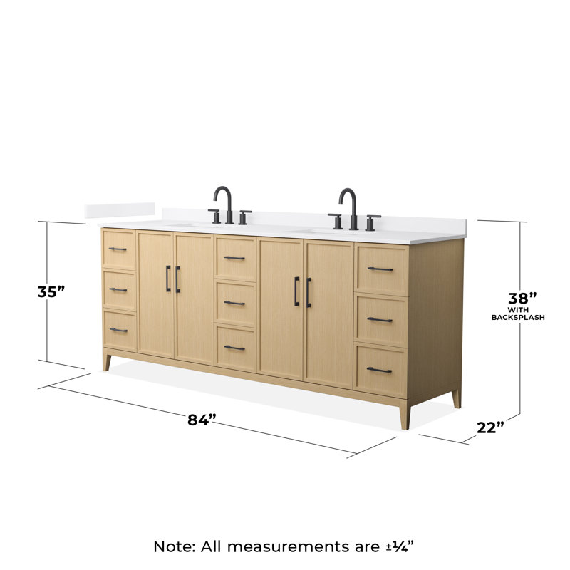 Ensemble de meuble-lavabo double 84 po Elan, Chêne blanc avec bordure noir mat, Comptoir en marbre de culture blanc