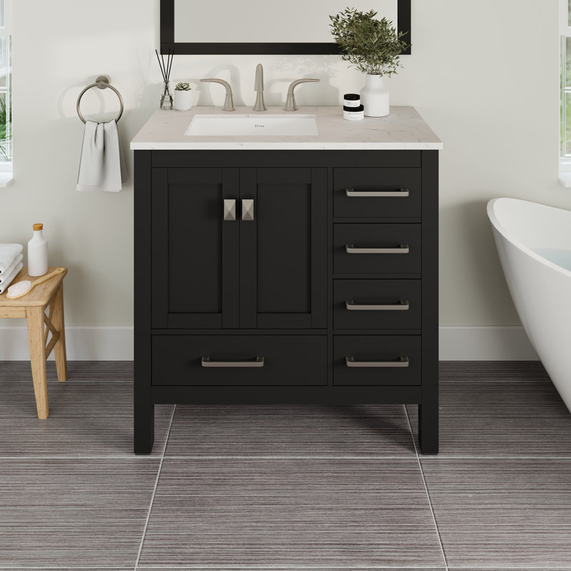 Meuble-lavabo en porcelaine encastré l 36 po x P 22 po Minnich, Espresso, Quartz - blanc de Carrare
