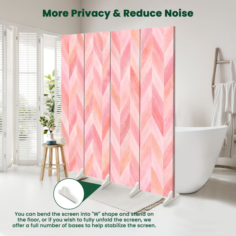 Cloison pliante 4 panneaux à paravents à l'aquarelle rose pastel avec toile à chevrons géométrique, 4