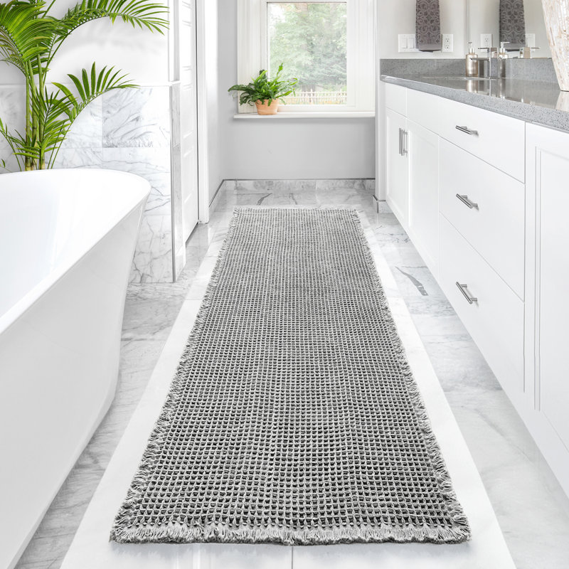Upgraded Waffle Super Absorbent Non Slip Bath Rugs with Tassels for Bathroom Floor, 18"W x 30"L, Light Gray