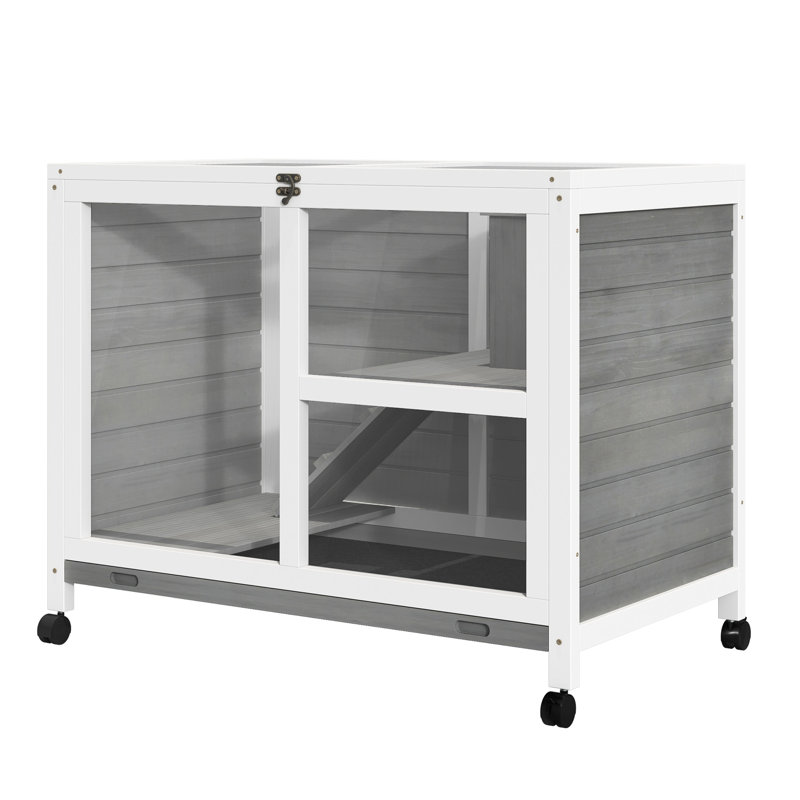 Lapin d'intérieur - taille de bureau et de table d'appoint, gris. Cage en bois imperméable avec roues pour 1 ou 2 lapins nains. 36 po x 21 po x 28,75 po. Pièces personnalisables pour stylo compact Space Design