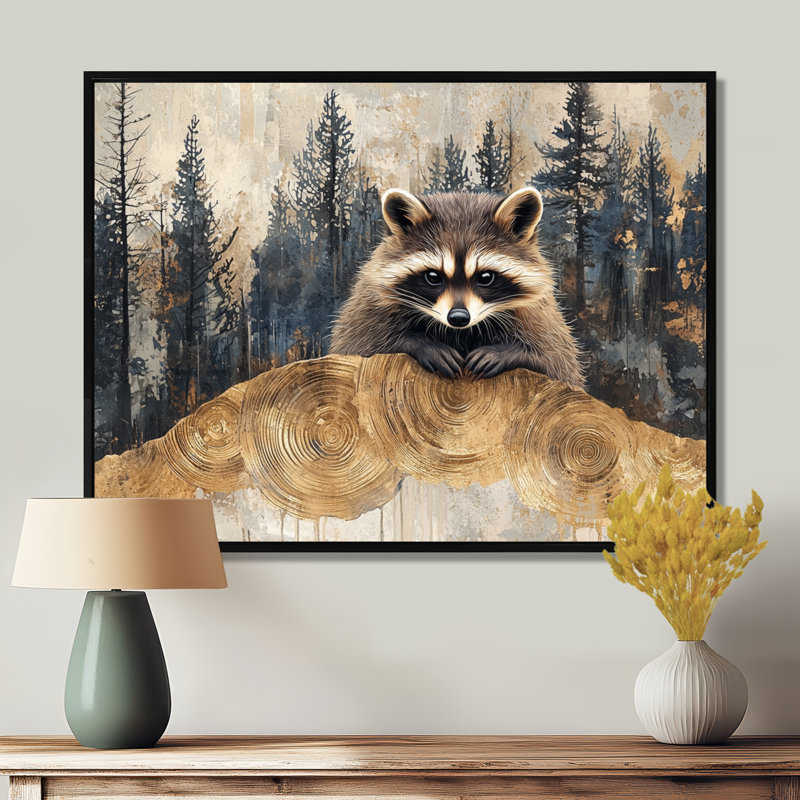 Mignon raton laveur dans la forêt hivernale II - Raton laveur, art mural, H 24 po x l 32 po, Cadre flottant noir