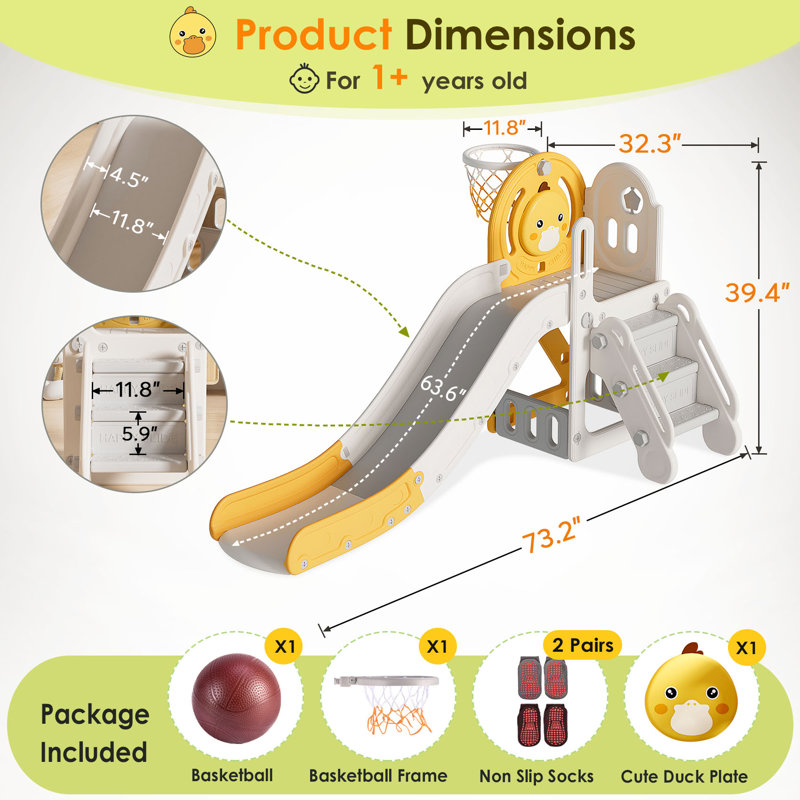 Yellow Duck Theme 5-in-1 Toddler Slide with Basketball Hoop