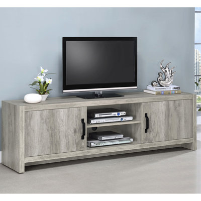 Meuble télé de 71 po au fini bois de conifère gris, avec trois tablettes réglables en hauteur et un support de construction, idéal pour organiser des salons de style transitionnel à distance