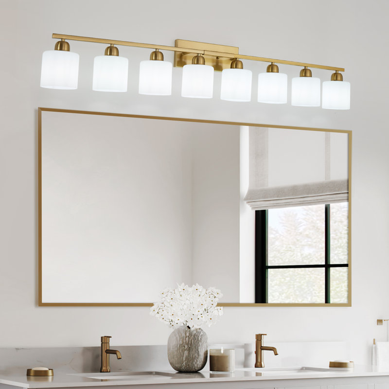  8-Light Dimmable Bathroom Vanity Light with Frosted Milk Glass Shades, Gold, 8 Lights