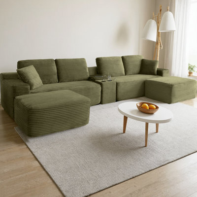 Canapé modulaire de 125 po avec deux repose-pieds, canapé en forme de U avec porte-gobelets, ports USB et rangement, velours côtelé doux pour le salon moderne