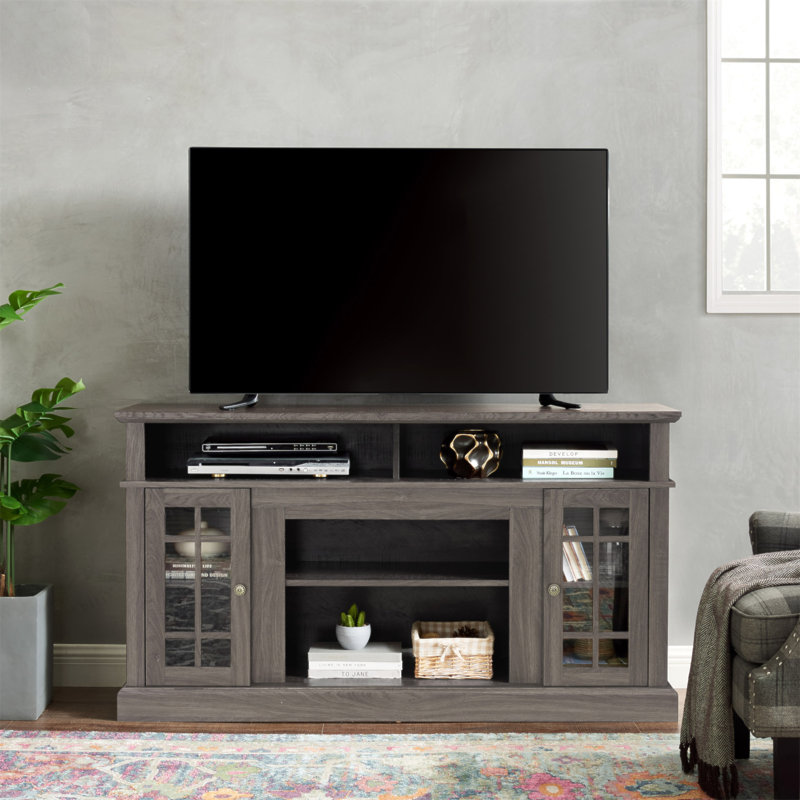 Meuble télé classique avec rangement ouvert et fermé, parfait pour le divertissement moderne jusqu'à 65 pouces.
