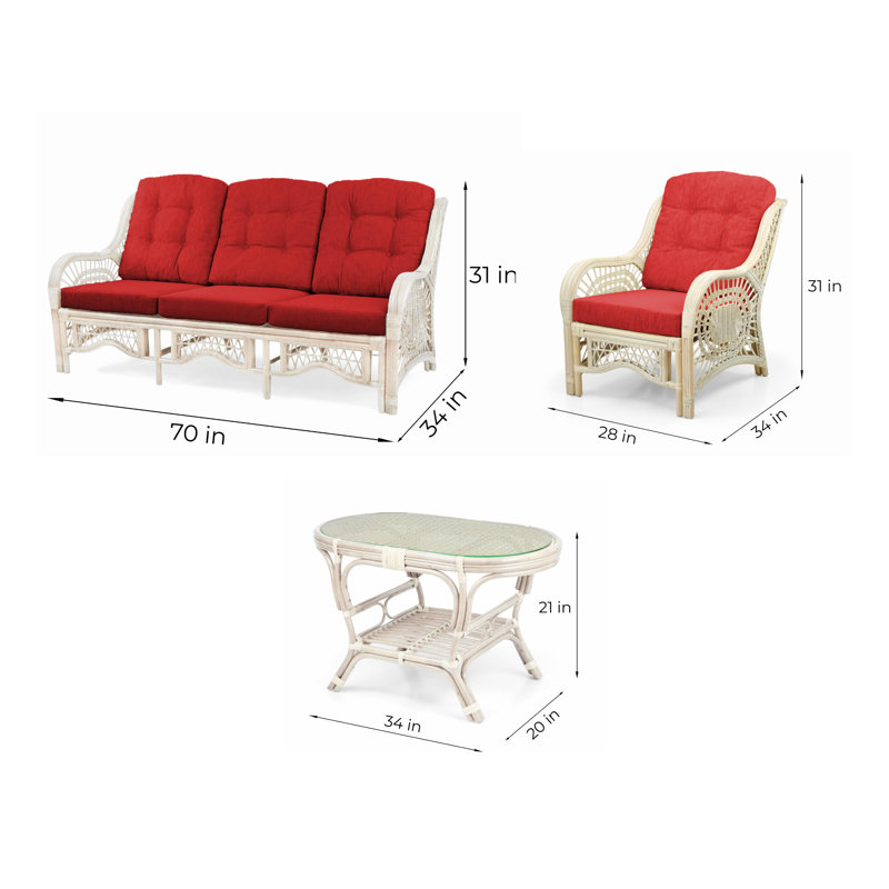Malibu 4-Piece Natural Rattan Wicker Lounge Set with Red Cushions