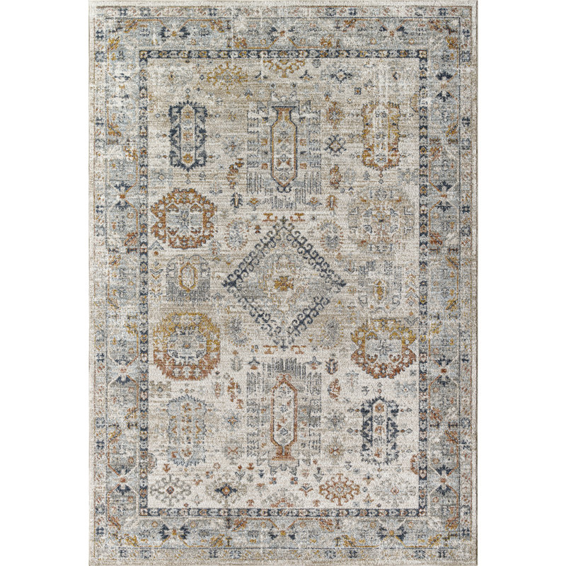 Tapis oriental en polyester tissé à la machine crème / gris anthracite, Rectangle 10 pi x 13 pi 11 po
