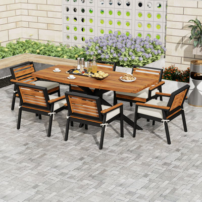 7-Piece Acacia Wood Indoor/Outdoor Dining Table Set with Iron Frame and 6 Cushioned Chairs