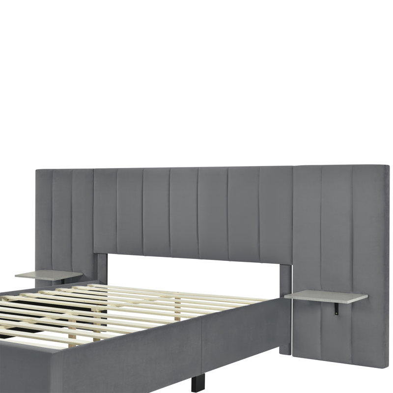 Grand lit plateforme tapissier avec grande tête de lit, velours, mobilier de chambre classique, gris