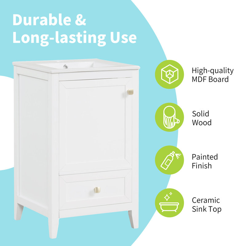 Meuble-lavabo blanc 20 po avec lavabo, porte à fermeture douce, support de rangement et tiroir, Blanc / Nickel