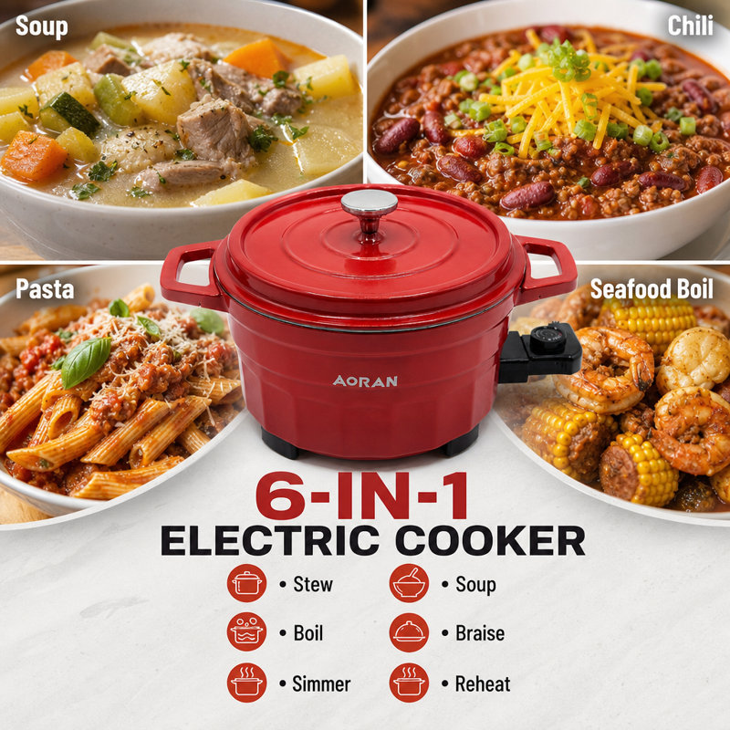 Faitout en fonte émaillée AORAN - Casserole électrique avec batterie de cuisine auto-chauffante robuste pour braiser, ragoûts, rôtir et mijoter