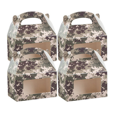 Restaurantware Gable Gift Boxes Pack of 100 Paper Treat Boxes 6 x 3.5 x 3.5 Inches With Window, Disposable Design Camouflage Containers for Weddings or Birthdays