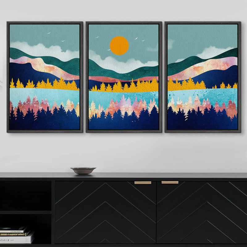 Abstract Mountain " Orange Sun Over Granite Mountains & River Nature Wilderness Modern Art Rustic Scenic Colourful " 3 - Pieces