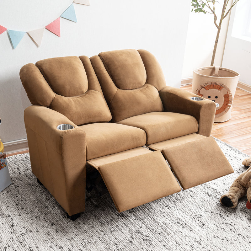 Kids Recliner Loveseat, 2 Seater Kids Recliner Chair with Cup Holders, Double Kids Sofa Chair, Push-Back Reclining & Adjustable Footrest for Small Spaces