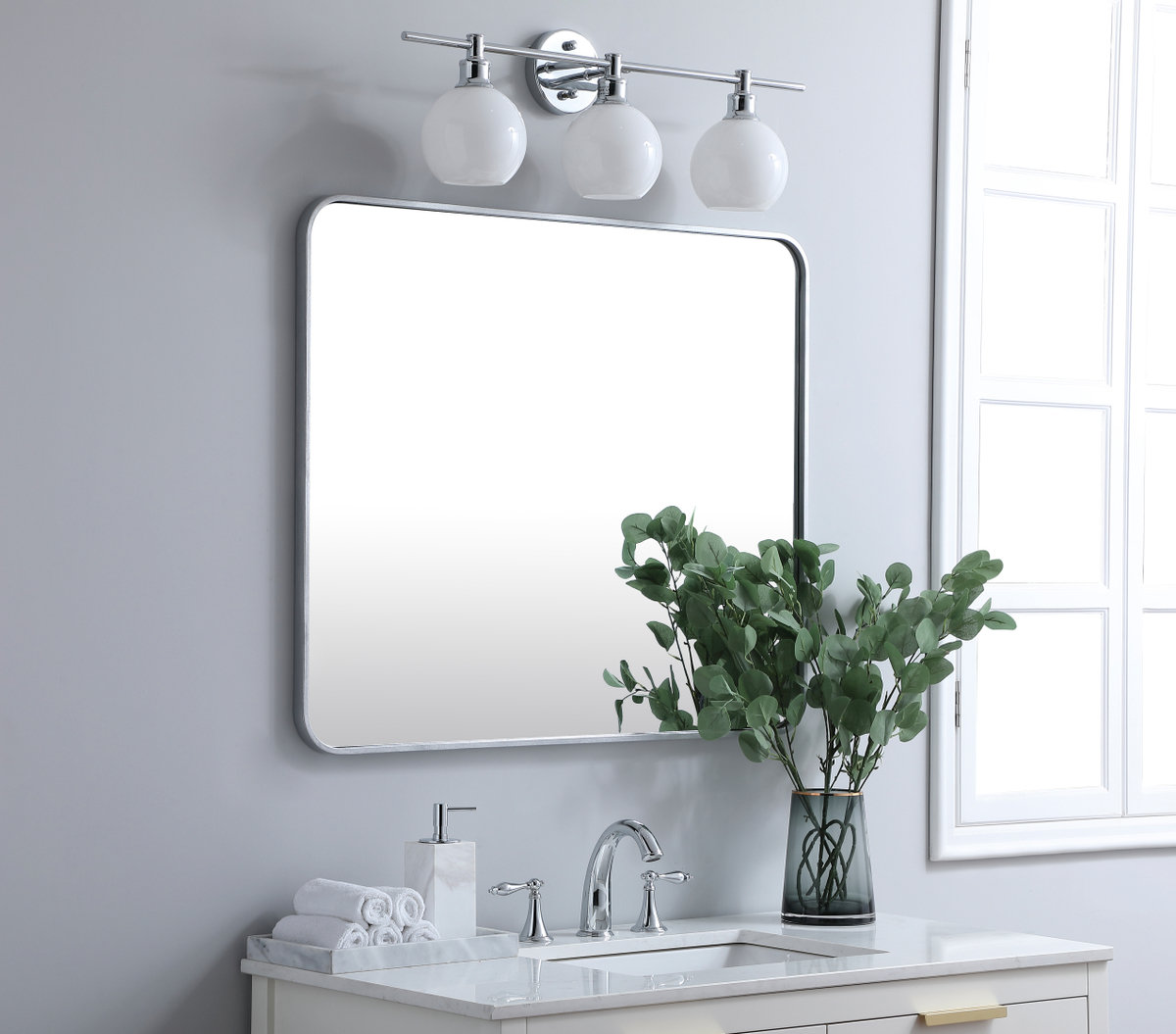 Sabine Metal Rounded Rectangle Wall Mirror, Silver, 36" x 30"