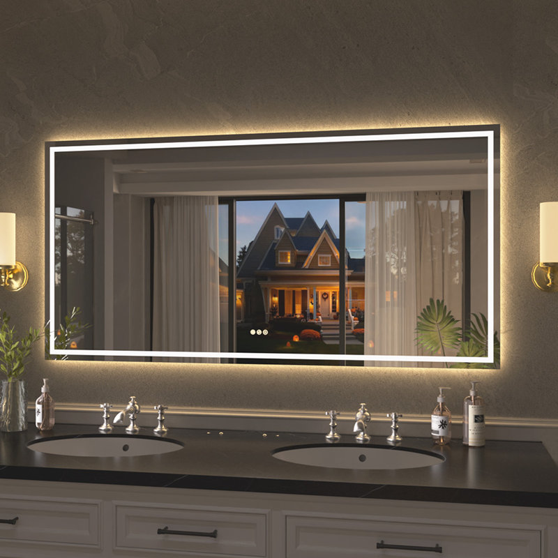 Flicker 72 in. W x 36 in. H Rectangular Frameless Anti-Fog LED Dimmable Wall Bathroom Vanity Mirror in Polished Crystal