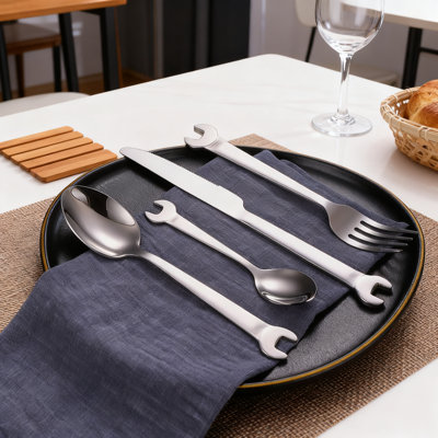 24-Piece Stainless Steel Cutlery Set With Wrench Handle Design, Includes Knives, Forks, And Spoons For 4-Person Dining, Durable Tableware Set Ideal For Everyday Use And Gifting