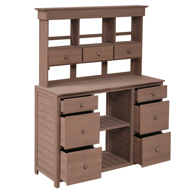 Garden Potting Bench Table, Rustic And Sleek Design With Multiple Drawers And Shelves For Storage, Brown