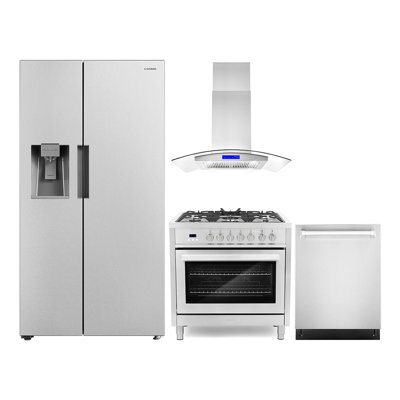 4 Piece Kitchen Package with Side by Side Refrigerator & 36" Freestanding Dual Fuel Range