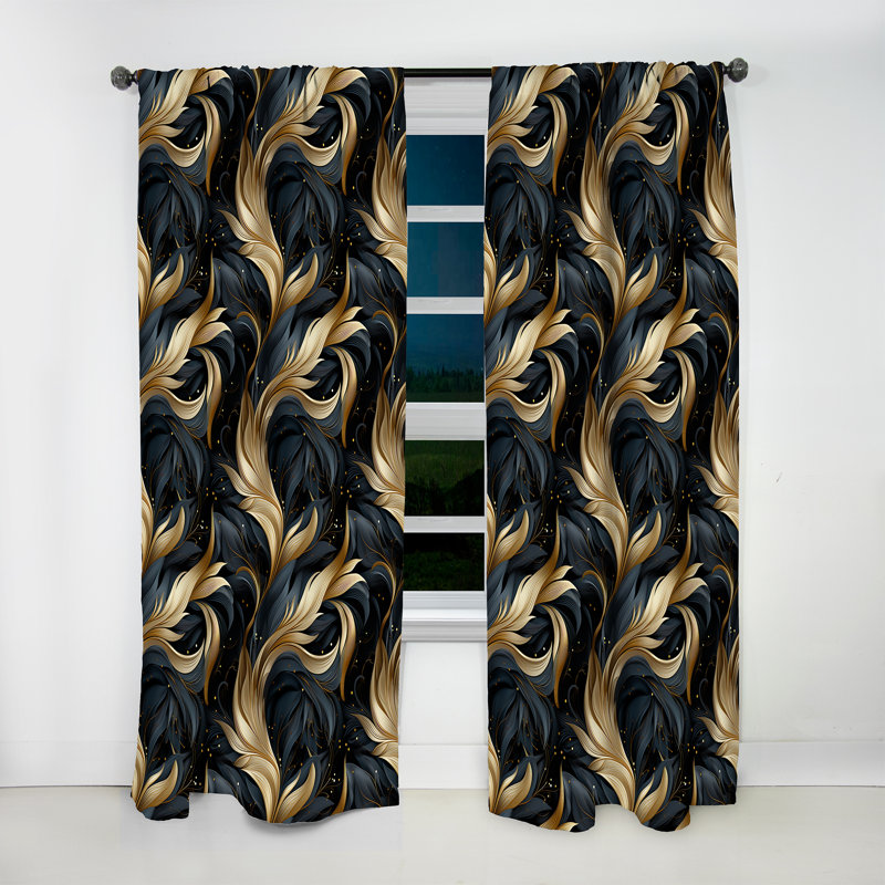 Rideau obscurcissant à motif abstrait plumes minuit doré et noir Midnight Charm - 1 panneaux, L 52 po x L 63 po
