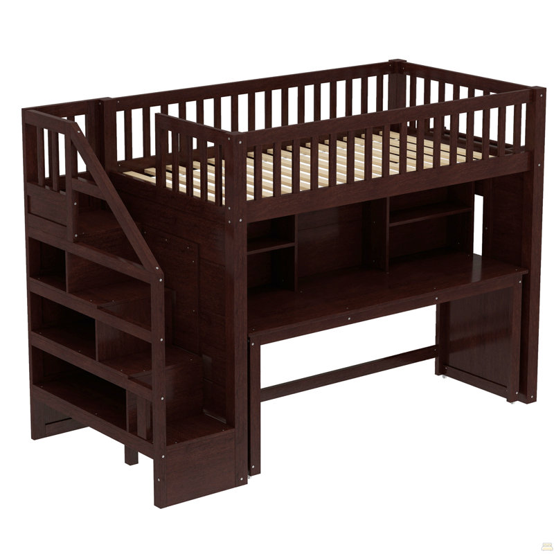 Twin Size Loft Bed With Movable Desk And Storage Shelf, Espresso, Twin