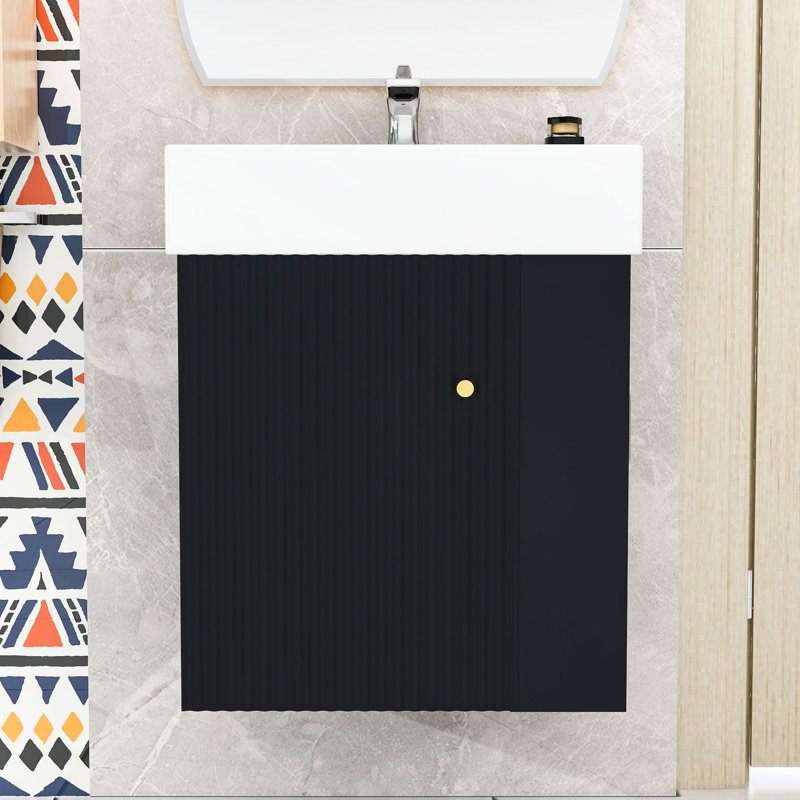 Maurice Modern Floating Bathroom Vanity with Ceramic Sink, Wave-Patterned Door and Storage Shelves, Black