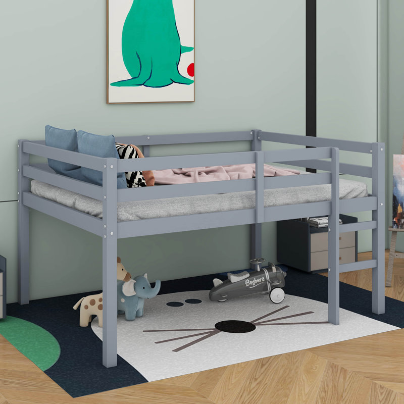 Lit mezzanine double en bois d'hévéa avec échelle, Gris