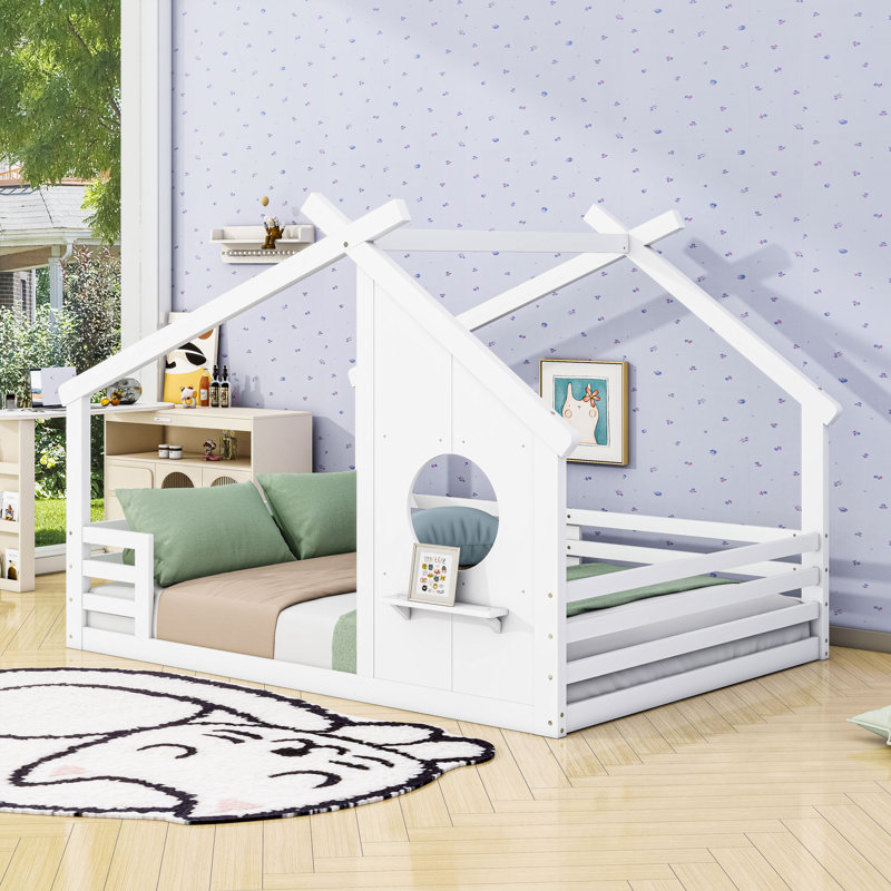 House Floor Bed With Window And Shelf, Full, White