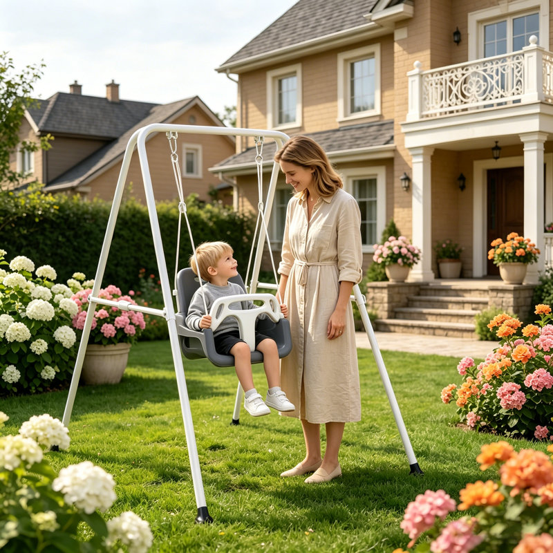 Balançoire pour tout-petits avec support métallique pliable, idéale pour l'intérieur et l'extérieur, à utiliser dans le jardin dès 6 mois. Couleurs : gris et blanc.
