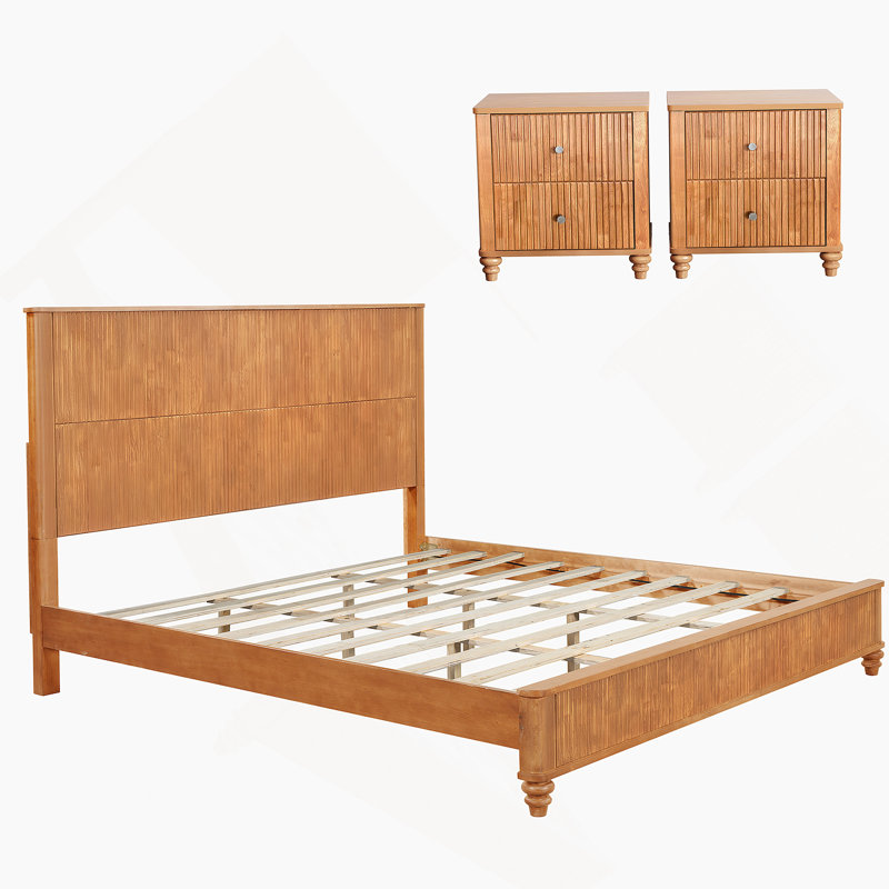 3-Piece Bedroom Set With A Bed And 2 Nightstands, Natural, King