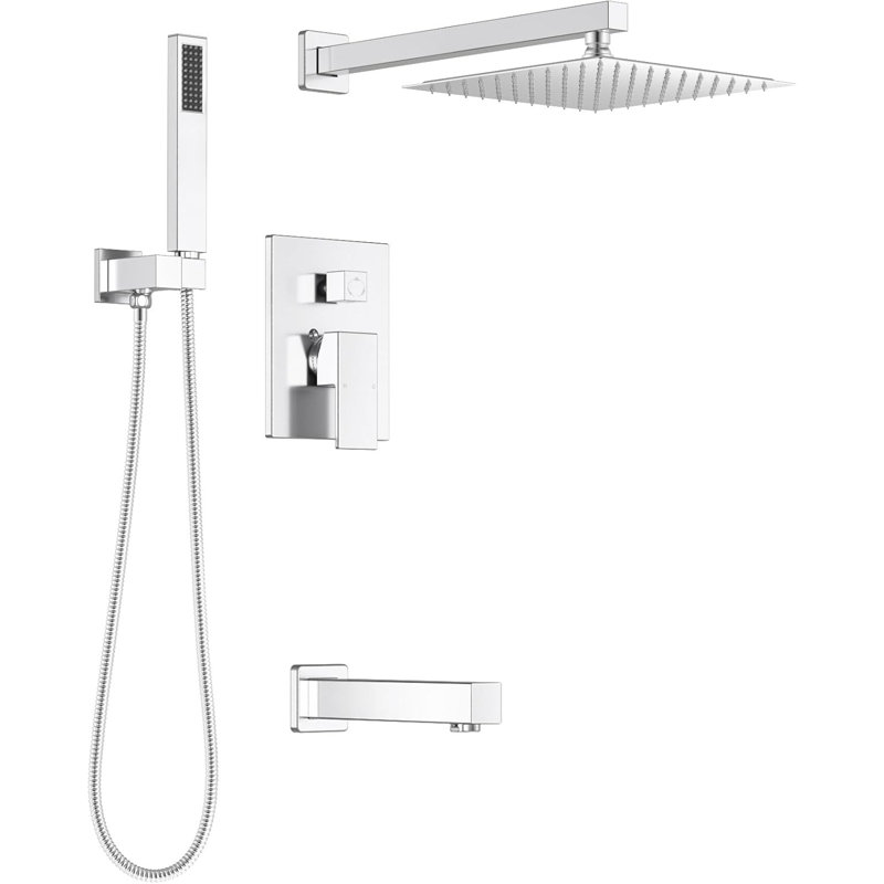 LAVA ODORO Modern 3-Setting Square Shower And Tub Faucet Set With Rainfall Shower Head, Handheld Sprayer, And Pressure-Balanced Valve In Brushed Nickel Finish