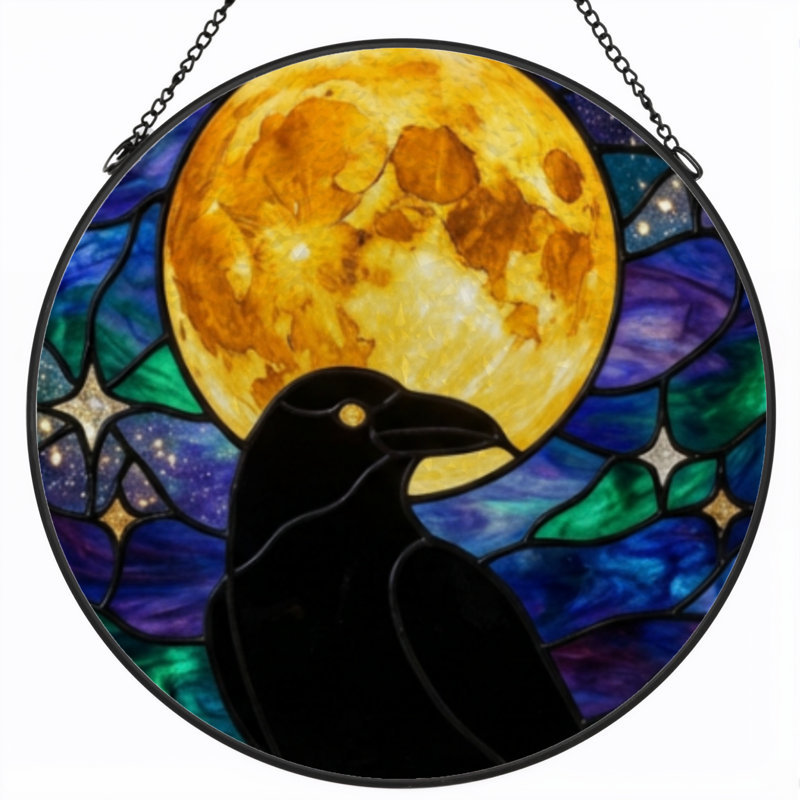 12"H Moon Raven Stained Glass Window Panel, 12" H x 12" W