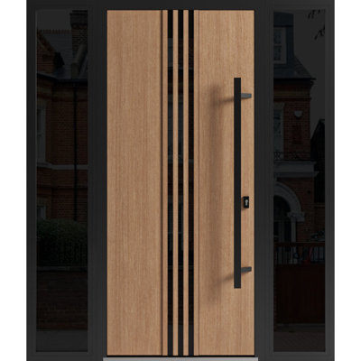 Porte avant en acier pré-suspendue à l'avant / teck Ronex 1055/2 fenêtres latérales extérieures latérales / entrée en métal peinte de style moderne l 16 + 36 + 16 po x H 80 po à gauche