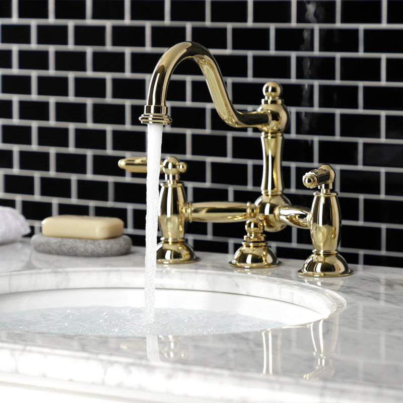 Kingston Brass Restoration Two-Handle 3-Hole Deck Mount Bridge Bathroom Faucet with Brass Pop-Up, Polished Brass