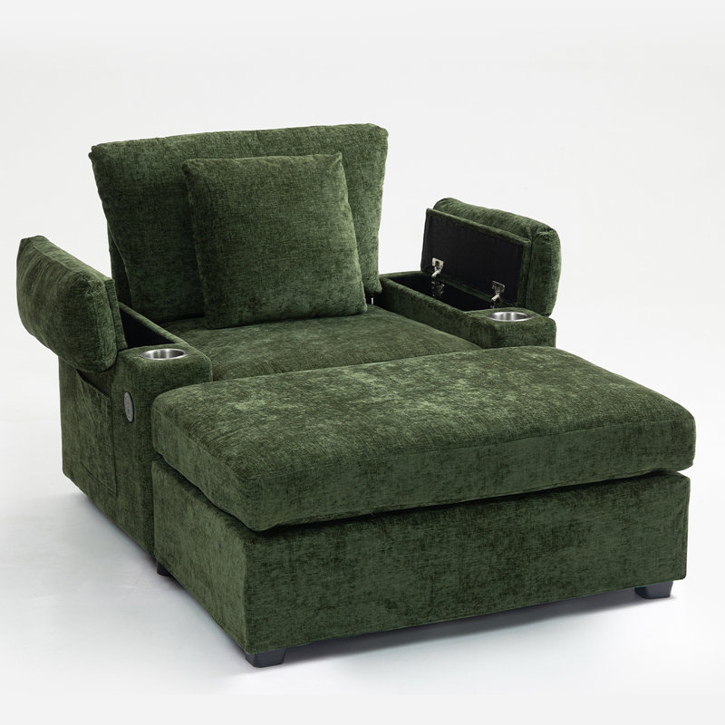 Fauteuil surdimensionné en chenille avec repose-pieds, porte-gobelet et port de chargement USB, Vert