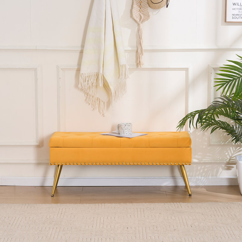 Banc repose-pieds en velours avec rangement, Moutarde, H 16,7 po x l 40 po x P 14,4 po