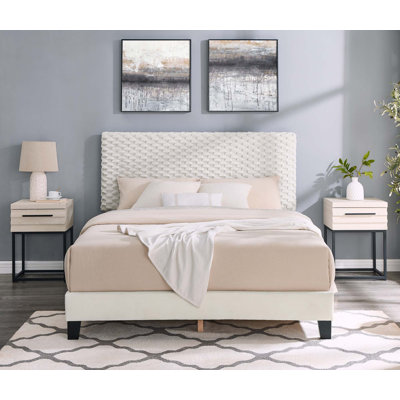 3-Piece Bedroom Set, Plush 3D Upholstered Bed With Two Nightstands