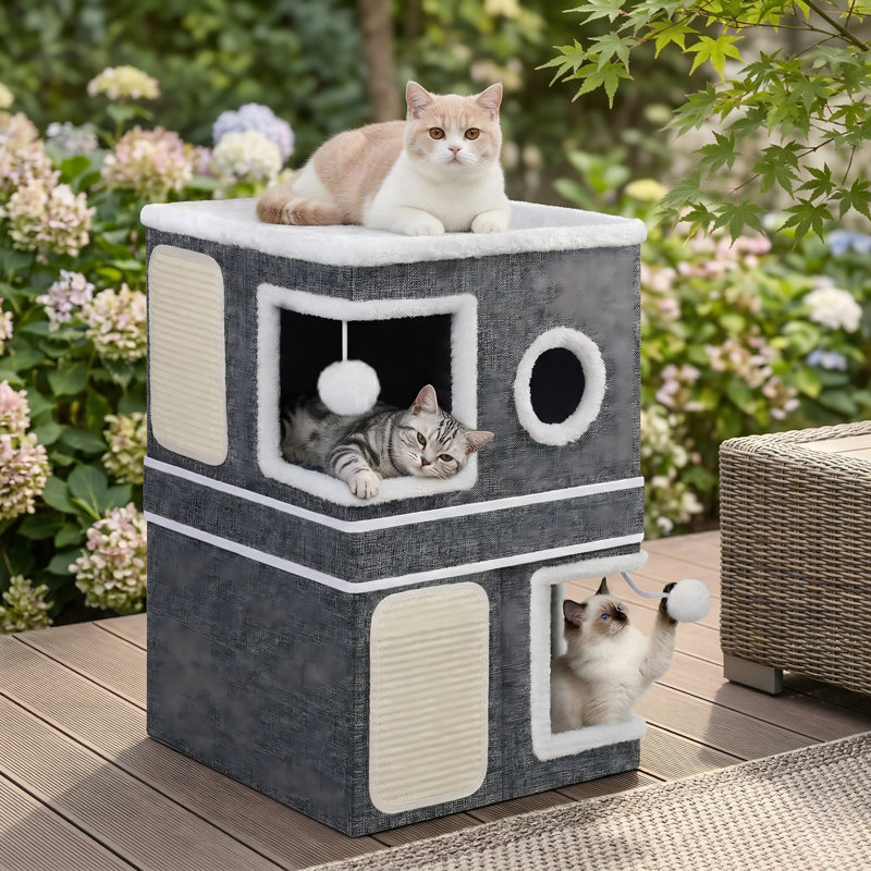 Maison pour chat à 2 étages pour chats d'intérieur, grotte pour lit double avec condos cachés, blocs à gratter et boules moelleuses, cube pliable pour animaux de compagnie multiples, gris