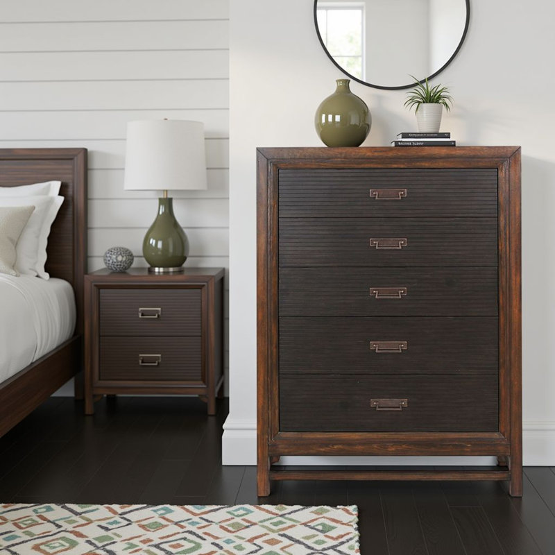 Commode 5 tiroirs Inza, sans assemblage requis, brun clair et finition noire