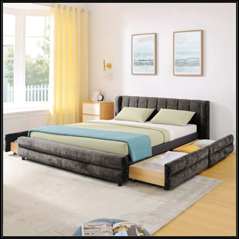Structure de lit en chenille pour grand lit avec tête de lit, tiroir de rangement et fabrication solide pour plus de confort et de style