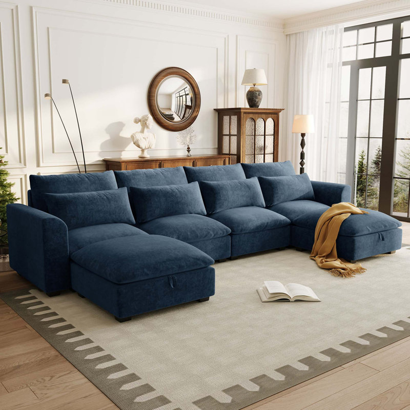 Canapé modulaire en U avec repose-pieds transformable et rangement caché, Tissu - Bleu