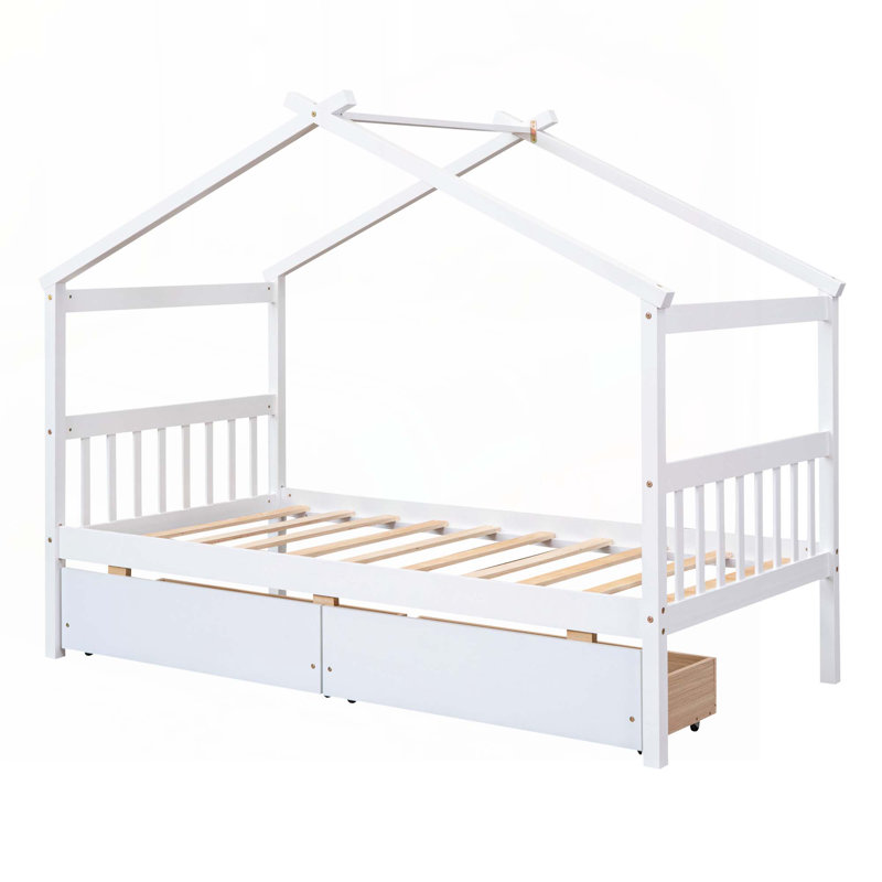 Lit en bois avec tiroirs, Blanc