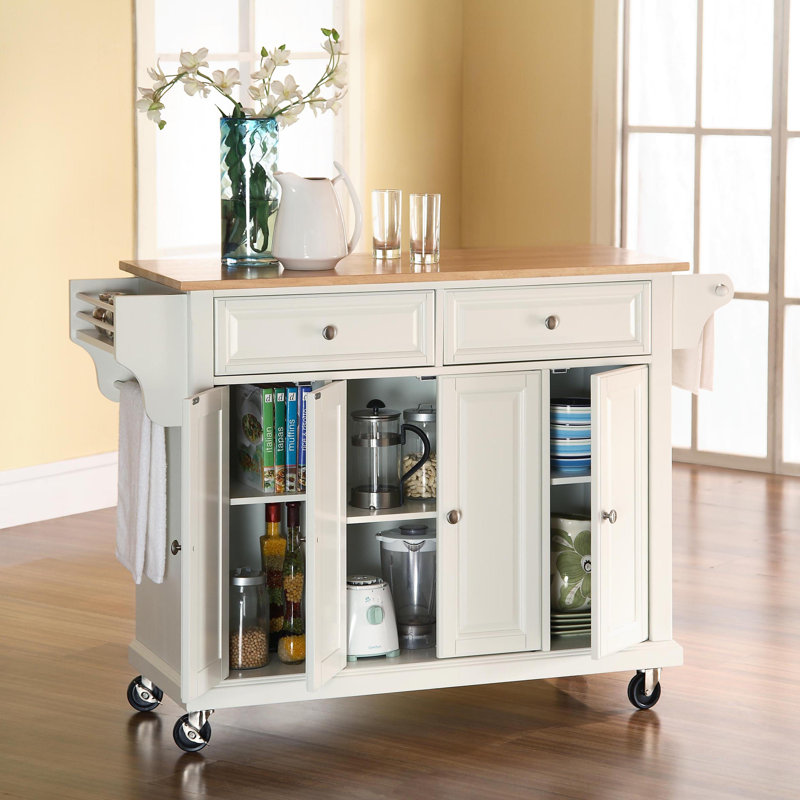 Ken Solid Wood Top Kitchen Island, White