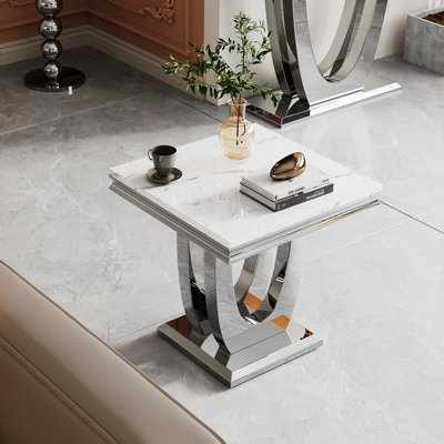 White Marble End Table, Modern Sofa Side Table with Mirrored Stainless Steel Base, Sqaure Faux Marble Accent End Table Bedside Table Nightstand for Li