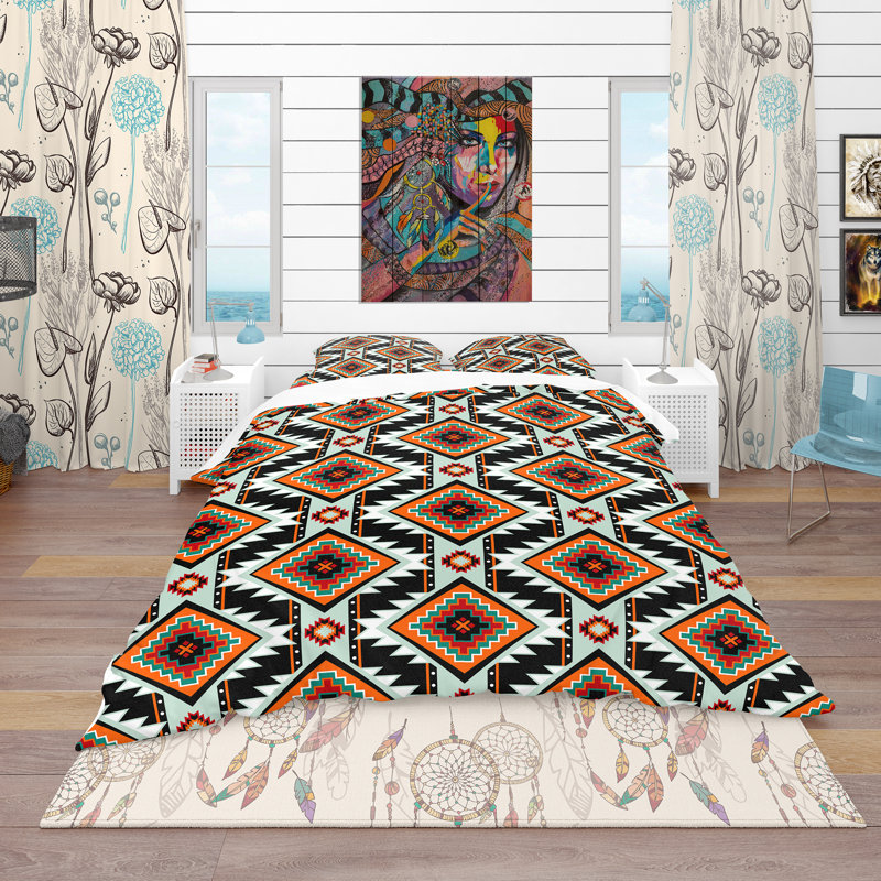 First Nations Pattern - Bohemian Abstract Duvet Cover Set - Microfiber Polyester, King Duvet Cover + 2 Shams