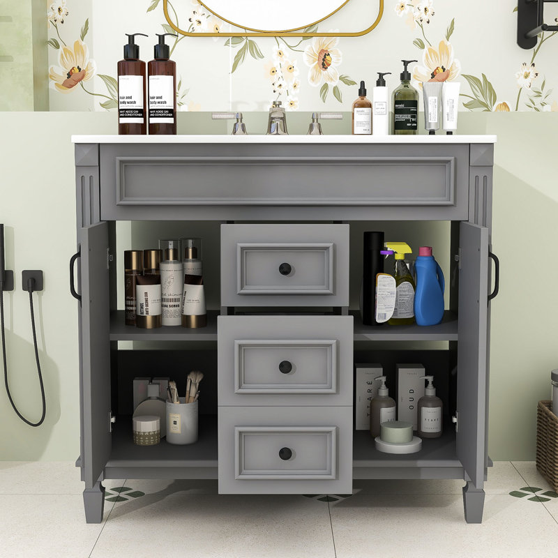 Meuble-lavabo de salle de bain avec lavabo, tablettes de rangement, tiroirs et portes, Gris