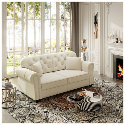Mid-Century Modern Velvet Sofa with Rolled Arms & Nailhead Trim - Chesterfield Loveseat for Living Room